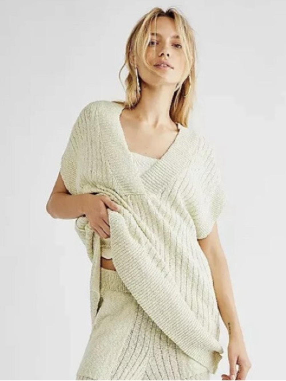 Free People Ocean Drive Sweater V-Neck Tunic Oatmeal Sweater Vest Size XS
